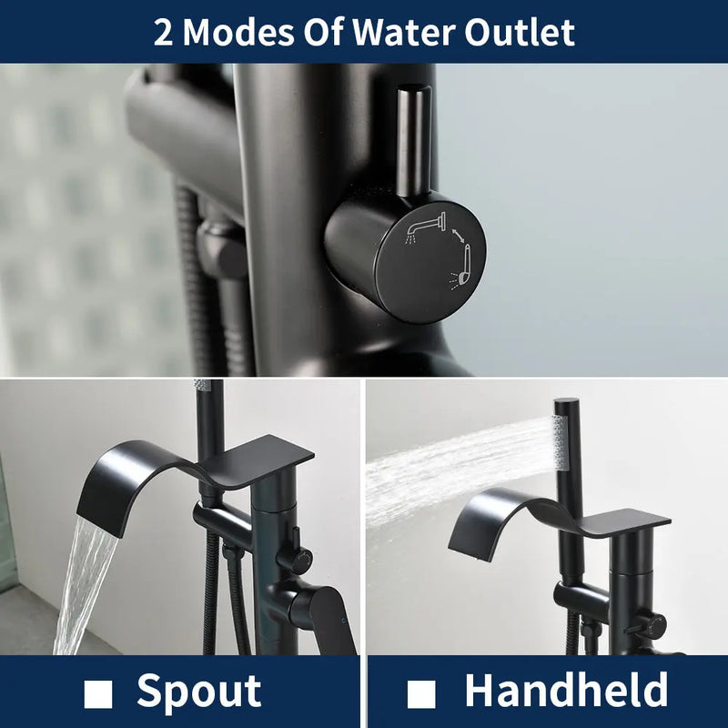 Brass Waterfall Floor-Mount Tub Faucet Single Lever Freestanding Bath Taps with Hand Shower brass-waterfall-floor-mount-tub-faucet-single-lever-freestanding-bath-taps-with-hand-shower 