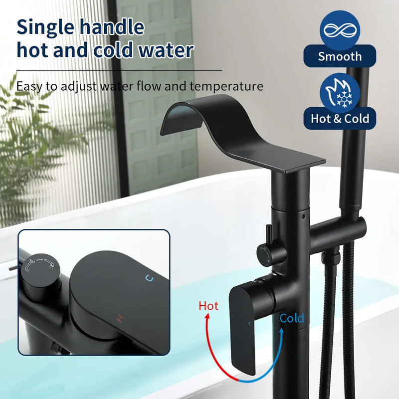 Brass Waterfall Floor-Mount Tub Faucet Single Lever Freestanding Bath Taps with Hand Shower brass-waterfall-floor-mount-tub-faucet-single-lever-freestanding-bath-taps-with-hand-shower 