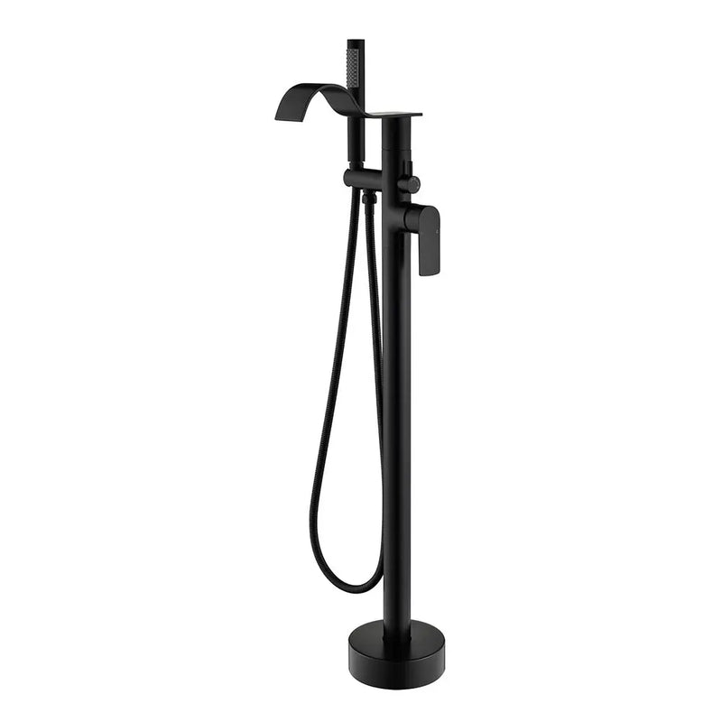 Brass Waterfall Floor-Mount Tub Faucet Single Lever Freestanding Bath Taps with Hand Shower brass-waterfall-floor-mount-tub-faucet-single-lever-freestanding-bath-taps-with-hand-shower Matte Black / Brass & SUS304 / 31.9*12*3.7 inches