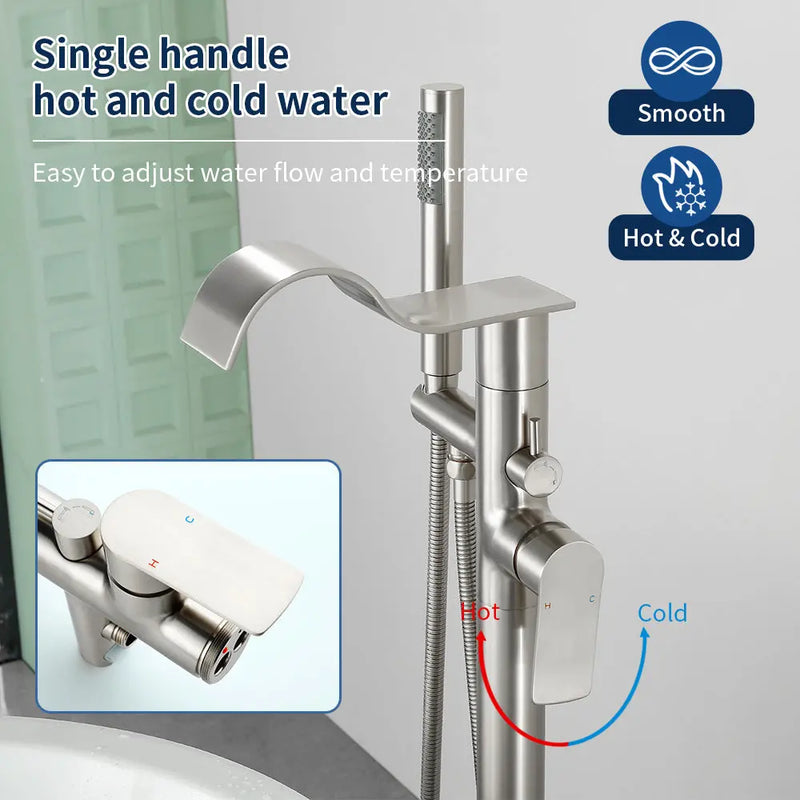 Brass Waterfall Floor-Mount Tub Faucet Single Lever Freestanding Bath Taps with Hand Shower brass-waterfall-floor-mount-tub-faucet-single-lever-freestanding-bath-taps-with-hand-shower 