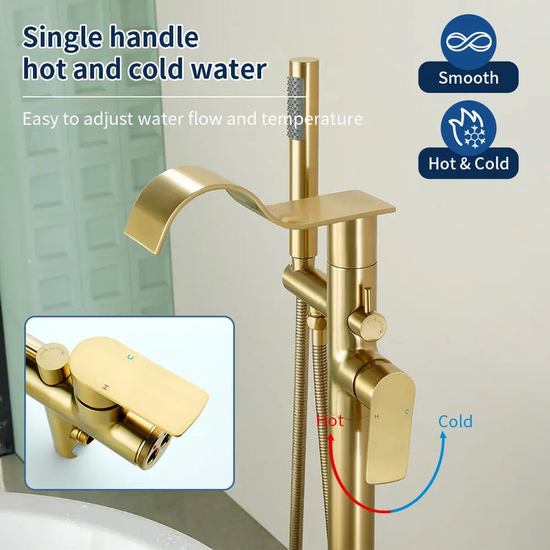 Brass Waterfall Floor-Mount Tub Faucet Single Lever Freestanding Bath Taps with Hand Shower brass-waterfall-floor-mount-tub-faucet-single-lever-freestanding-bath-taps-with-hand-shower 