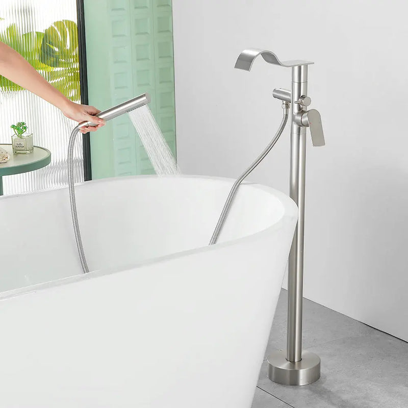 Brass Waterfall Floor-Mount Tub Faucet Single Lever Freestanding Bath Taps with Hand Shower brass-waterfall-floor-mount-tub-faucet-single-lever-freestanding-bath-taps-with-hand-shower 
