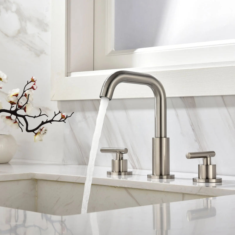 Brass Widespread Bathroom Faucet Two Handle Three Hole Vanity Sink Faucet shamanda-3-hole-widespread-faucet-brushed-gold Brushed Nickel / Brass & Stainless Steel / 14.72 x 11.02 x 2.83 inches