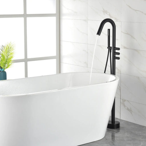 CUPC Freestanding Bathtub Faucet 3 Knob Bathroom Brass Floor Mounted Tub Filler with Hand Shower tub-filler-freestanding-bathtub-faucet-floor-mounted-brass-bathroom-tub-faucets-with-hand-shower Matte Black / Brass / 30.1 x 14.5 x 2.75 inches