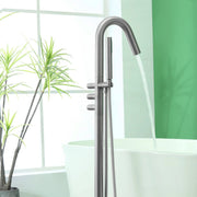 CUPC Freestanding Bathtub Faucet 3 Knob Bathroom Brass Floor Mounted Tub Filler with Hand Shower tub-filler-freestanding-bathtub-faucet-floor-mounted-brass-bathroom-tub-faucets-with-hand-shower Brushed Nickel / Brass / 30.1 x 14.5 x 2.75 inches