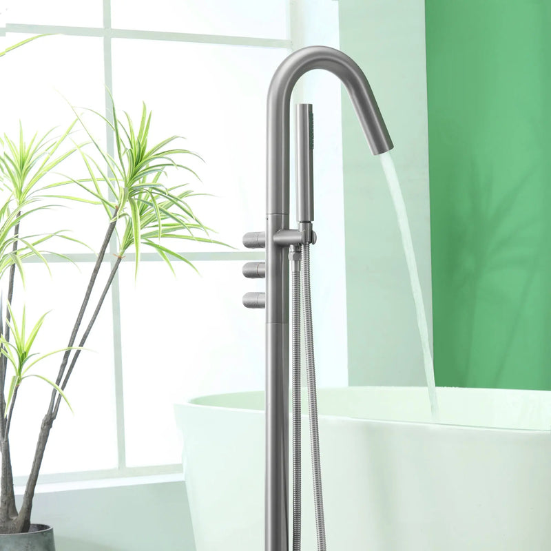 CUPC Freestanding Bathtub Faucet 3 Knob Bathroom Brass Floor Mounted Tub Filler with Hand Shower tub-filler-freestanding-bathtub-faucet-floor-mounted-brass-bathroom-tub-faucets-with-hand-shower Brushed Nickel / Brass / 30.1 x 14.5 x 2.75 inches