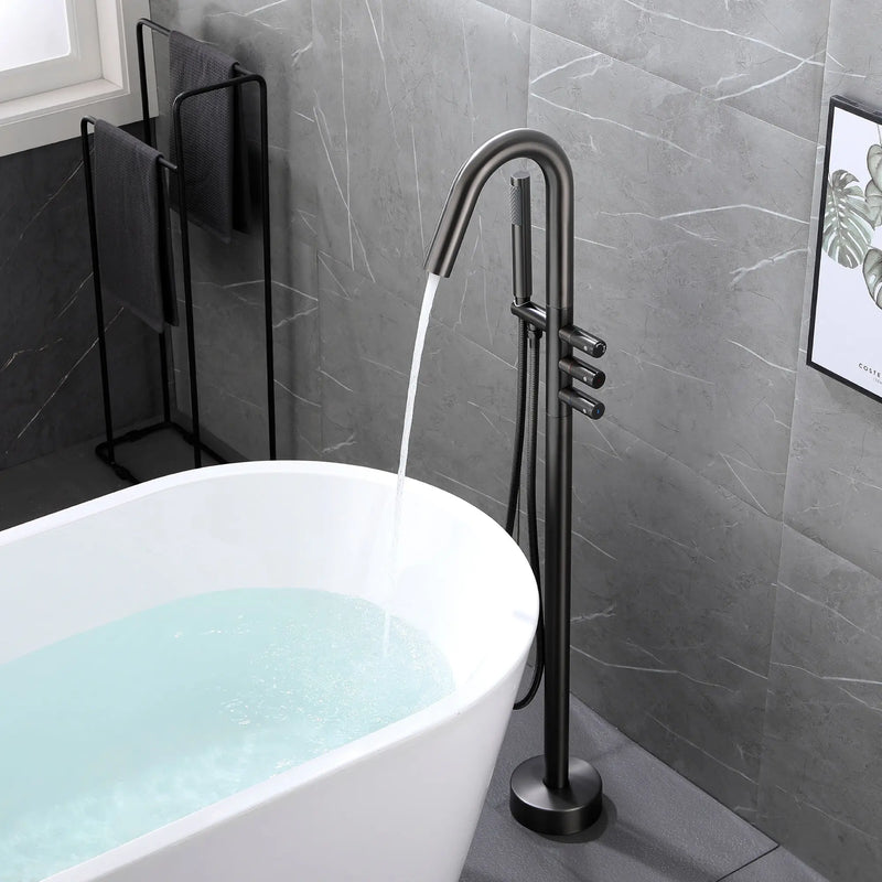 CUPC Freestanding Bathtub Faucet 3 Knob Bathroom Brass Floor Mounted Tub Filler with Hand Shower tub-filler-freestanding-bathtub-faucet-floor-mounted-brass-bathroom-tub-faucets-with-hand-shower Brushed Gun Gray / Brass / 30.1 x 14.5 x 2.75 inches