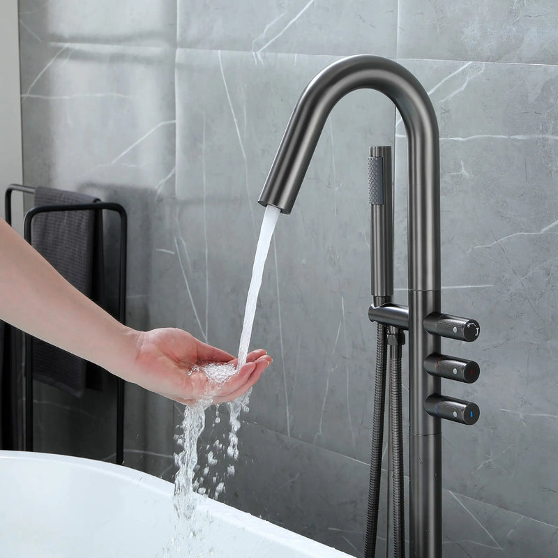 CUPC Freestanding Bathtub Faucet 3 Knob Bathroom Brass Floor Mounted Tub Filler with Hand Shower tub-filler-freestanding-bathtub-faucet-floor-mounted-brass-bathroom-tub-faucets-with-hand-shower 
