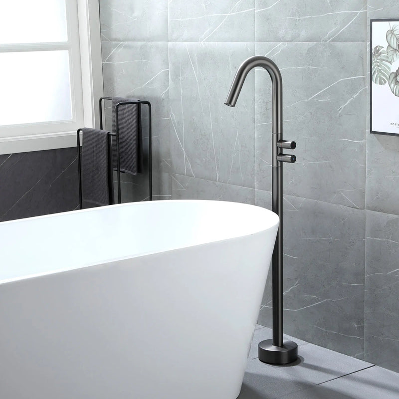 CUPC Freestanding Tub Filler Bathtub Faucet 360-Degree Rotating Floor Mounted Faucets in matte black, brushed nickel, brushed gold, brushed gun grey freestanding-tub-filler-bathtub-faucet-black-floor-mounted-faucets Brushed Gun Gray / Brass / 30.1 x 14.3 x 2.7 inches