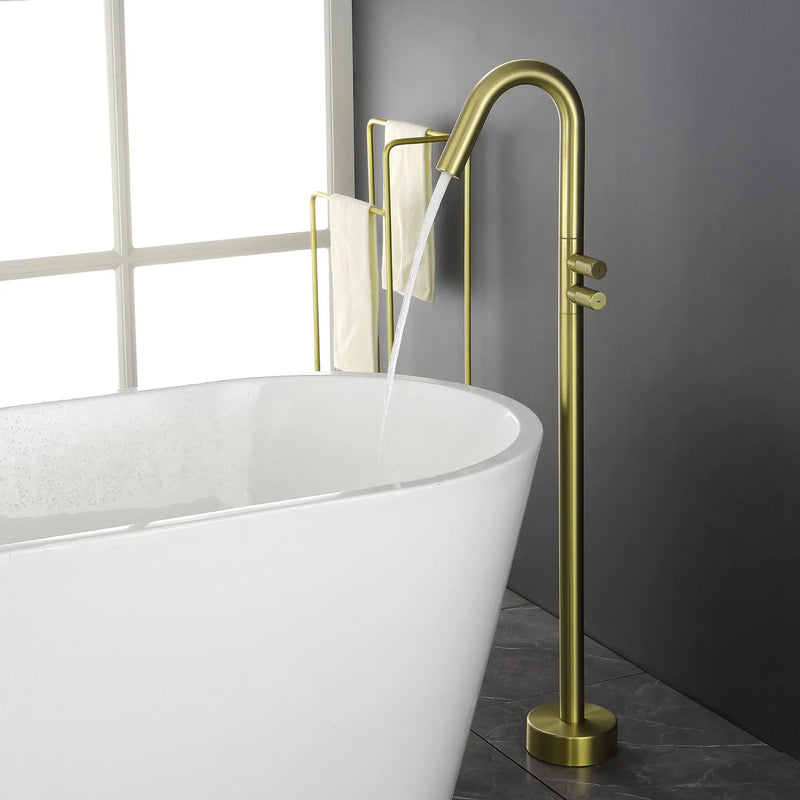 CUPC Freestanding Tub Filler Bathtub Faucet 360-Degree Rotating Floor Mounted Faucets in matte black, brushed nickel, brushed gold, brushed gun grey freestanding-tub-filler-bathtub-faucet-black-floor-mounted-faucets Brushed Gold / Brass / 30.1 x 14.3 x 2.7 inches