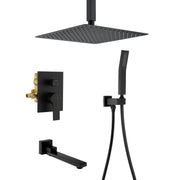 Ceiling-Mounted 3 functions Tub Shower Faucet Combo Set with 12-inch shower head, hand shower, 180 degree swivel bath outlet luxury-tub-shower-faucet-combo-set-with-rough-in-valve-wall-mounted-shower-system-with-tub-spout-bathroom-shower-fixture-shower-valve-and-trim-kit-1 Matte black