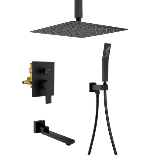 Ceiling-Mounted 3 functions Tub Shower Faucet Combo Set with 12-inch shower head, hand shower, 180 degree swivel bath outlet luxury-tub-shower-faucet-combo-set-with-rough-in-valve-wall-mounted-shower-system-with-tub-spout-bathroom-shower-fixture-shower-valve-and-trim-kit-1 Matte black