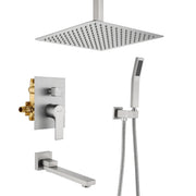 Ceiling-Mounted 3 functions Tub Shower Faucet Combo Set with 12-inch shower head, hand shower, 180 degree swivel bath outlet luxury-tub-shower-faucet-combo-set-with-rough-in-valve-wall-mounted-shower-system-with-tub-spout-bathroom-shower-fixture-shower-valve-and-trim-kit-1 Brushed nickel