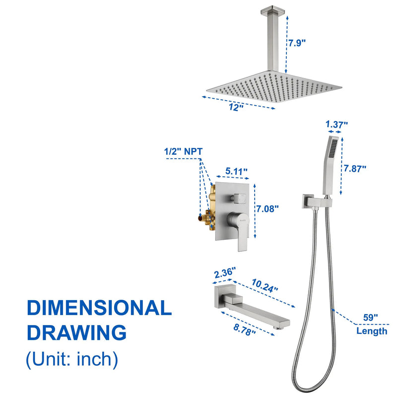 Ceiling-Mounted 3 functions Tub Shower Faucet Combo Set with 12-inch shower head, hand shower, 180 degree swivel bath outlet luxury-tub-shower-faucet-combo-set-with-rough-in-valve-wall-mounted-shower-system-with-tub-spout-bathroom-shower-fixture-shower-valve-and-trim-kit-1 