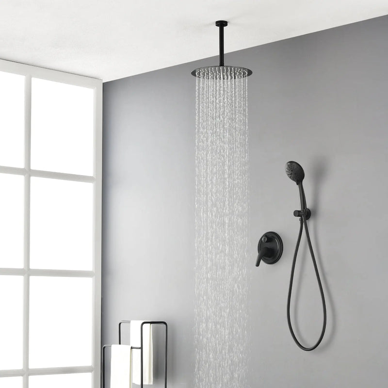 Ceiling-mounted Shower System with 12" Square Rain Shower Head and 5-Setting High Pressure Handheld Shower luxury-shower-faucet-set-shower-system-with-high-pressure-12-rain-shower-head-and-5-setting-handheld-shower Matte Black / Brass / 12" steel shower head