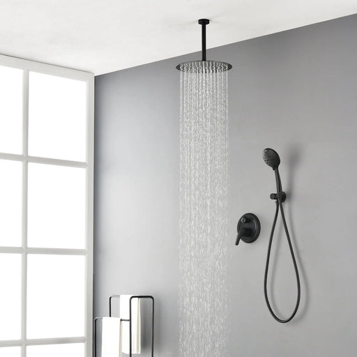 Ceiling-mounted Shower System with 12" Square Rain Shower Head and 5-Setting High Pressure Handheld Shower luxury-shower-faucet-set-shower-system-with-high-pressure-12-rain-shower-head-and-5-setting-handheld-shower Matte Black / Brass / 12" steel shower head