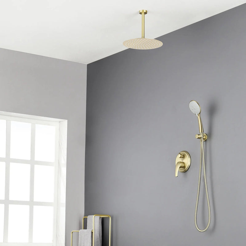 Ceiling-mounted Shower System with 12" Square Rain Shower Head and 5-Setting High Pressure Handheld Shower luxury-shower-faucet-set-shower-system-with-high-pressure-12-rain-shower-head-and-5-setting-handheld-shower Brushed Gold / Brass / 12" steel shower head