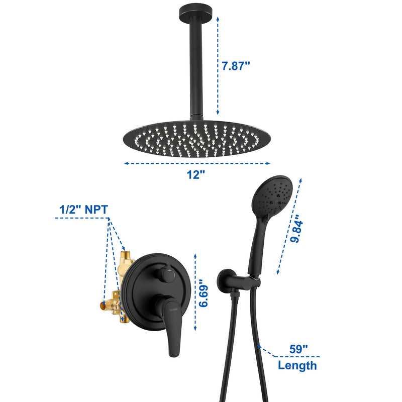 Ceiling-mounted Shower System with 12" Square Rain Shower Head and 5-Setting High Pressure Handheld Shower luxury-shower-faucet-set-shower-system-with-high-pressure-12-rain-shower-head-and-5-setting-handheld-shower 
