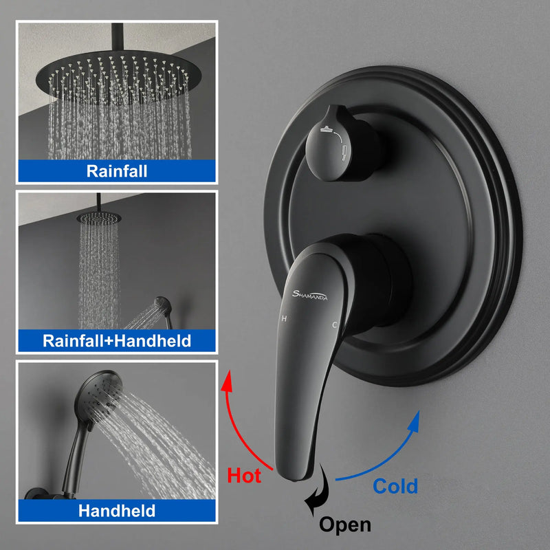 Ceiling-mounted Shower System with 12" Square Rain Shower Head and 5-Setting High Pressure Handheld Shower luxury-shower-faucet-set-shower-system-with-high-pressure-12-rain-shower-head-and-5-setting-handheld-shower 