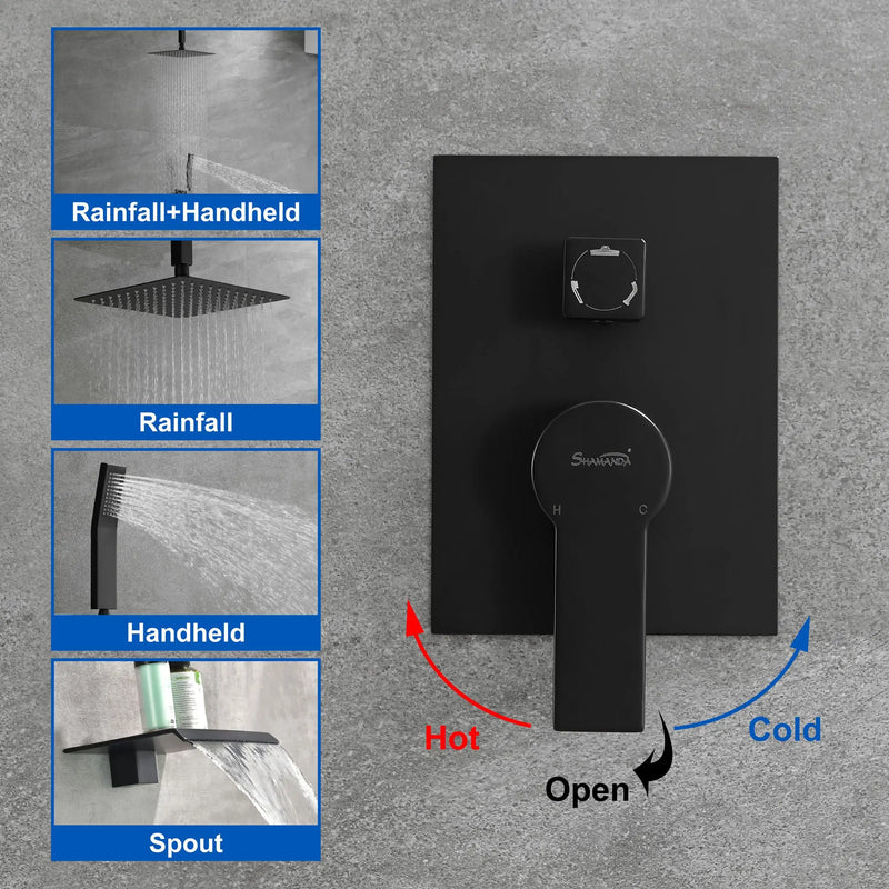 Ceiling Mount 10 Inch Black Shower System Faucet Waterfall Tub Complete with Matte Spout Set Square Luxury Rain Mixer Pressure Balancing 3-Function ceiling-mount-10-inch-black-shower-system-faucet-waterfall-tub-complete-with-matte-spout-set-square-luxury-rain-mixer-pressure-balancing-3-function 