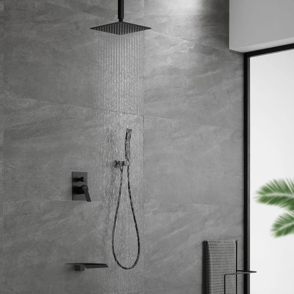 Ceiling Mount 10 Inch Black Shower System Faucet Waterfall Tub Complete with Matte Spout Set Square Luxury Rain Mixer Pressure Balancing 3-Function ceiling-mount-10-inch-black-shower-system-faucet-waterfall-tub-complete-with-matte-spout-set-square-luxury-rain-mixer-pressure-balancing-3-function 