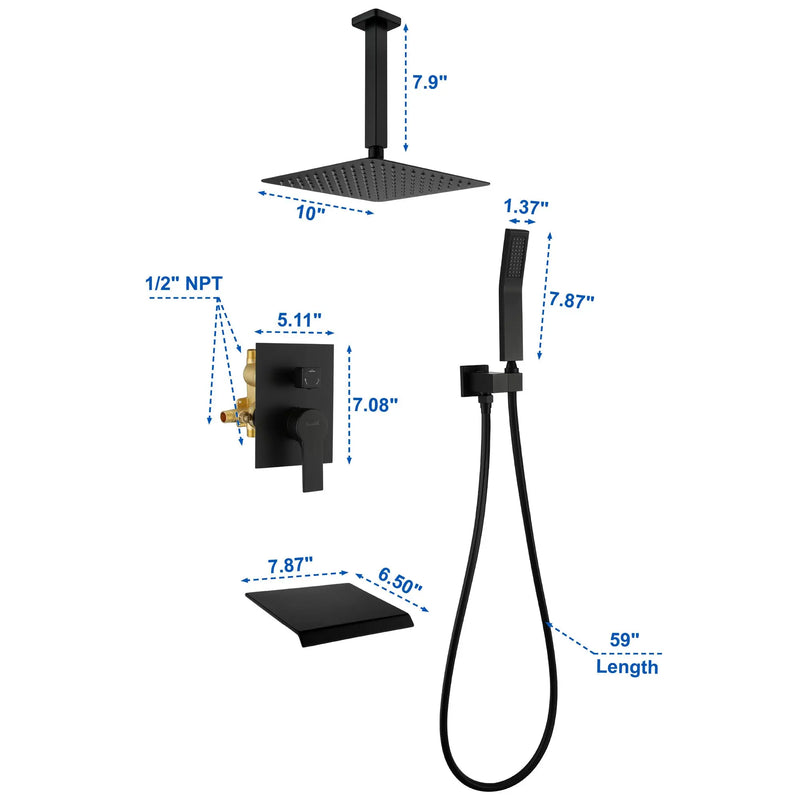 Ceiling Mount 10 Inch Black Shower System Faucet Waterfall Tub Complete with Matte Spout Set Square Luxury Rain Mixer Pressure Balancing 3-Function ceiling-mount-10-inch-black-shower-system-faucet-waterfall-tub-complete-with-matte-spout-set-square-luxury-rain-mixer-pressure-balancing-3-function 