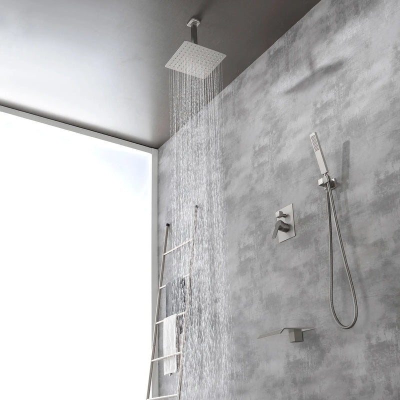 Ceiling Mount 10 Inch Black Shower System Faucet Waterfall Tub Complete with Matte Spout Set Square Luxury Rain Mixer Pressure Balancing 3-Function ceiling-mount-10-inch-black-shower-system-faucet-waterfall-tub-complete-with-matte-spout-set-square-luxury-rain-mixer-pressure-balancing-3-function 