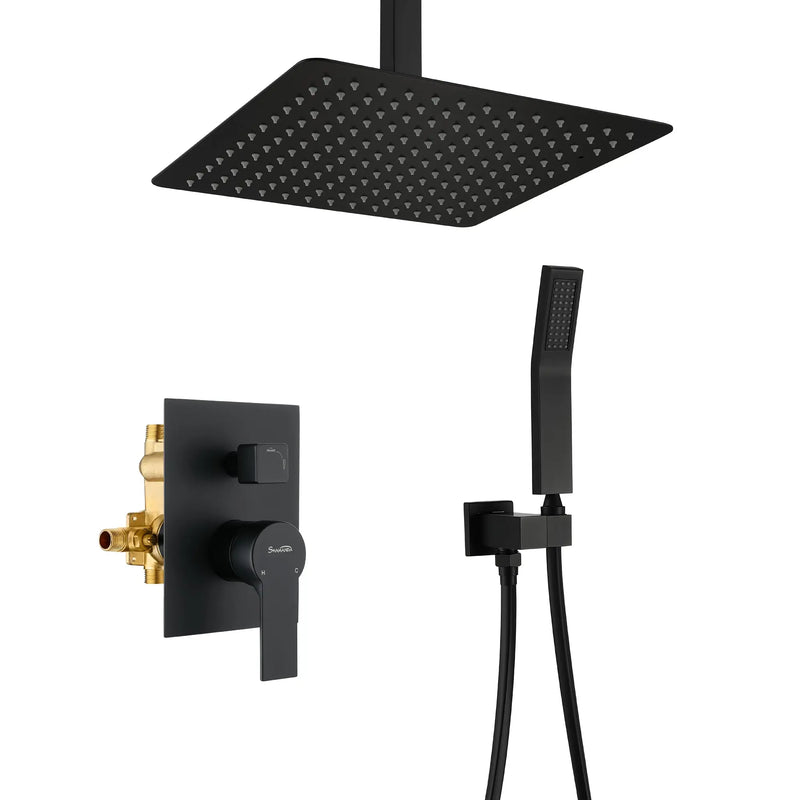 Ceiling Mounted Rain Shower System, SHAMANDA Luxury Brass Shower Faucet Set with 12 Inch Shower Head and Hand Shower ceiling-mounted-rain-shower-system-shamanda-luxury-brass-shower-faucet-set-with-12-inch-shower-head-and-hand-shower-88005b Black / 12" Steel shower head / Brass