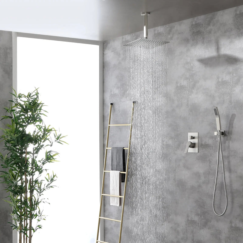 Ceiling Mounted Rain Shower System, SHAMANDA Luxury Brass Shower Faucet Set with 12 Inch Shower Head and Hand Shower ceiling-mounted-rain-shower-system-shamanda-luxury-brass-shower-faucet-set-with-12-inch-shower-head-and-hand-shower-88005b Brushed Nickel / 12" Steel shower head / Brass