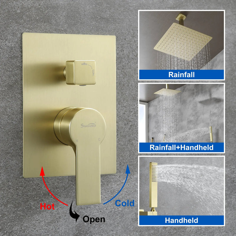 Ceiling Mounted Rain Shower System, SHAMANDA Luxury Brass Shower Faucet Set with 12 Inch Shower Head and Hand Shower ceiling-mounted-rain-shower-system-shamanda-luxury-brass-shower-faucet-set-with-12-inch-shower-head-and-hand-shower-88005b 