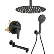 Celling Mounted Tub & Shower Faucet Set Round 12inch Bathroom Rain Shower System with 7 Setting Handheld Shower and 180 Swivel Rotating Tub Spout shower-faucet-set-with-tub-spout-rain-shower-system-bathroom-shower-set-tub-shower-faucet-combo-set-complete-celling-mounted-1 Matte black / Brass & SUS304 & ABS / 17.5*13.4*5.5 inches