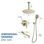 Celling Mounted Tub & Shower Faucet Set Round 12inch Bathroom Rain Shower System with 7 Setting Handheld Shower and 180 Swivel Rotating Tub Spout shower-faucet-set-with-tub-spout-rain-shower-system-bathroom-shower-set-tub-shower-faucet-combo-set-complete-celling-mounted-1 