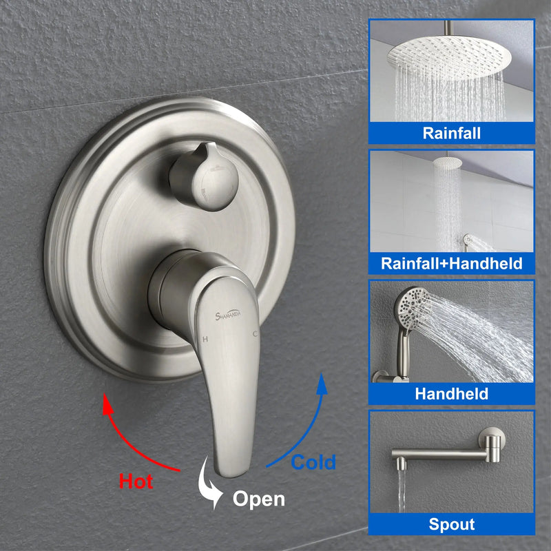 Celling Mounted Tub & Shower Faucet Set Round 12inch Bathroom Rain Shower System with 7 Setting Handheld Shower and 180 Swivel Rotating Tub Spout shower-faucet-set-with-tub-spout-rain-shower-system-bathroom-shower-set-tub-shower-faucet-combo-set-complete-celling-mounted-1 