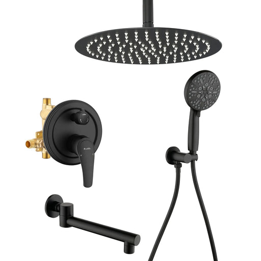 Celling Mounted Tub & Shower Faucet Set Round 12inch Bathroom Rain Shower System with 7 Setting Handheld Shower and 180 Swivel Rotating Tub Spout shower-faucet-set-with-tub-spout-rain-shower-system-bathroom-shower-set-tub-shower-faucet-combo-set-complete-celling-mounted-1 Matte black / Brass & SUS304 & ABS / 17.5*13.4*5.5 inches