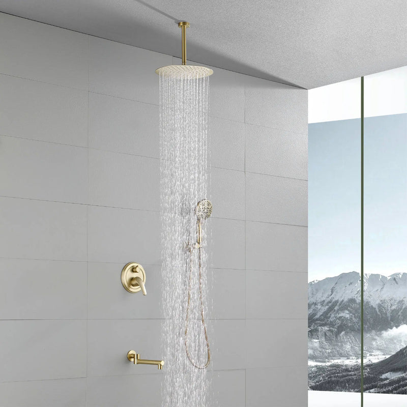 Celling Mounted Tub & Shower Faucet Set Round 12inch Bathroom Rain Shower System with 7 Setting Handheld Shower and 180 Swivel Rotating Tub Spout shower-faucet-set-with-tub-spout-rain-shower-system-bathroom-shower-set-tub-shower-faucet-combo-set-complete-celling-mounted-1 