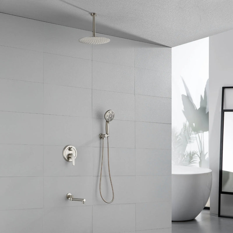 Celling Mounted Tub & Shower Faucet Set Round 12inch Bathroom Rain Shower System with 7 Setting Handheld Shower and 180 Swivel Rotating Tub Spout shower-faucet-set-with-tub-spout-rain-shower-system-bathroom-shower-set-tub-shower-faucet-combo-set-complete-celling-mounted-1 