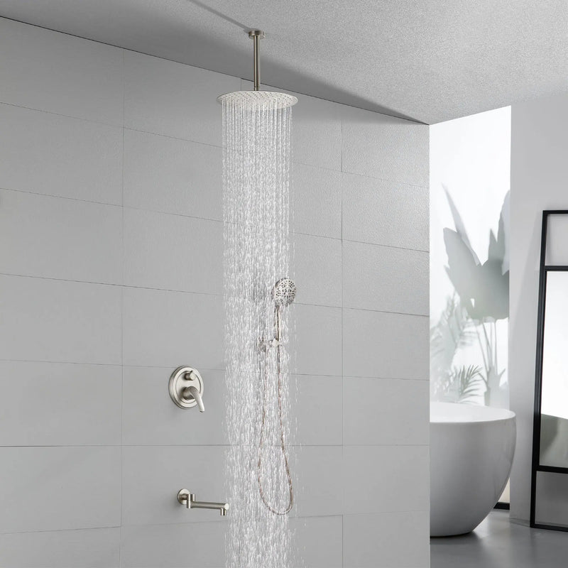 Celling Mounted Tub & Shower Faucet Set Round 12inch Bathroom Rain Shower System with 7 Setting Handheld Shower and 180 Swivel Rotating Tub Spout shower-faucet-set-with-tub-spout-rain-shower-system-bathroom-shower-set-tub-shower-faucet-combo-set-complete-celling-mounted-1 