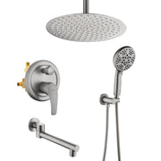 Celling Mounted Tub & Shower Faucet Set Round 12inch Bathroom Rain Shower System with 7 Setting Handheld Shower and 180 Swivel Rotating Tub Spout shower-faucet-set-with-tub-spout-rain-shower-system-bathroom-shower-set-tub-shower-faucet-combo-set-complete-celling-mounted-1 Brushed nickel / Brass & SUS304 & ABS / 17.5*13.4*5.5 inches