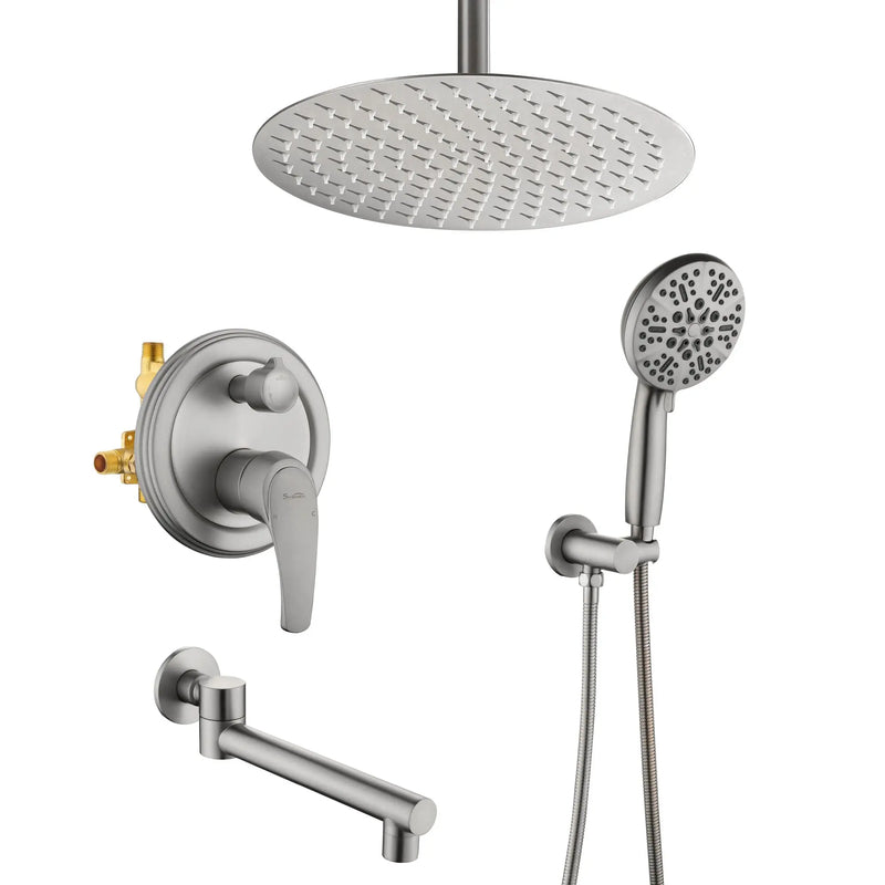 Celling Mounted Tub & Shower Faucet Set Round 12inch Bathroom Rain Shower System with 7 Setting Handheld Shower and 180 Swivel Rotating Tub Spout shower-faucet-set-with-tub-spout-rain-shower-system-bathroom-shower-set-tub-shower-faucet-combo-set-complete-celling-mounted-1 Brushed nickel / Brass & SUS304 & ABS / 17.5*13.4*5.5 inches
