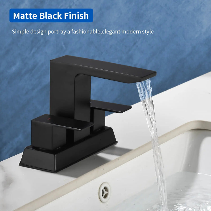 Centerset Bathroom Sink Faucet 1.2 GPM, Waterfall 4 Inch Bathroom Vanity Faucet for Basin with Pop-Up Drain and Hose centerset-waterfall-basin-faucet-4-inch-pop-up-drain 