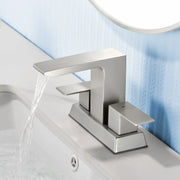 Centerset Bathroom Sink Faucet 1.2 GPM, Waterfall 4 Inch Bathroom Vanity Faucet for Basin with Pop-Up Drain and Hose centerset-waterfall-basin-faucet-4-inch-pop-up-drain Brushed Nickel / SUS304 / 11.6*8.7*6.5 inches