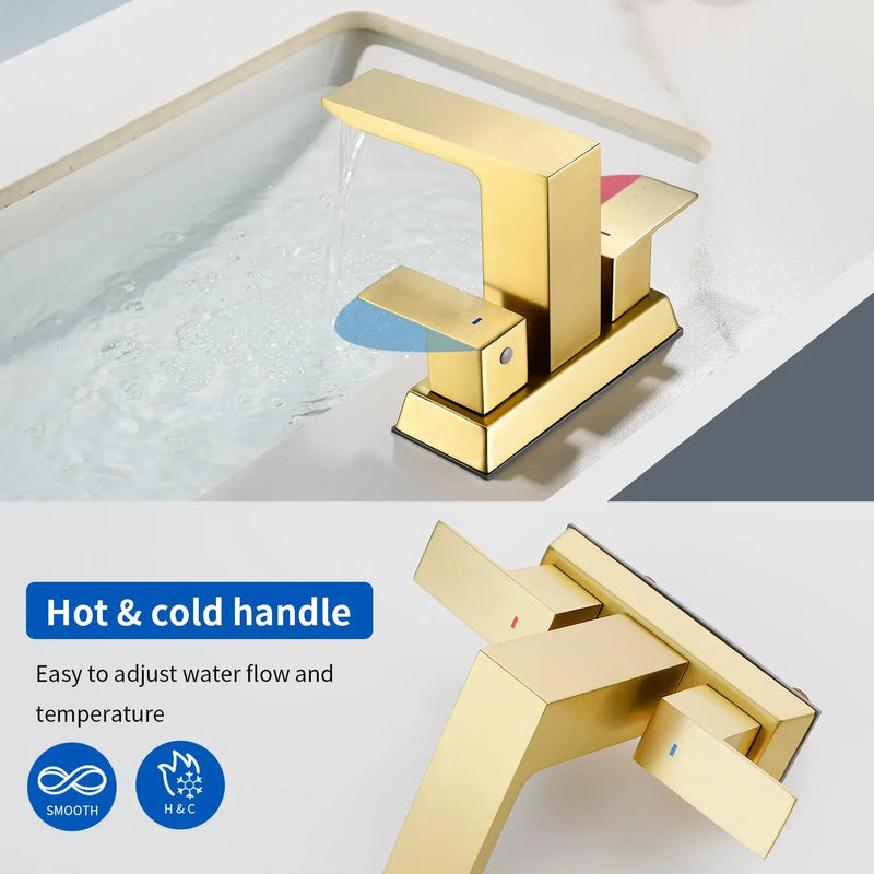 Centerset Bathroom Sink Faucet 1.2 GPM, Waterfall 4 Inch Bathroom Vanity Faucet for Basin with Pop-Up Drain and Hose centerset-waterfall-basin-faucet-4-inch-pop-up-drain 