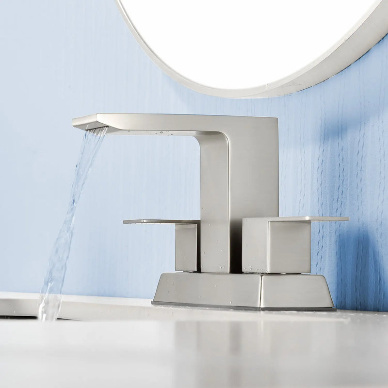 Centerset Bathroom Sink Faucet 1.2 GPM, Waterfall 4 Inch Bathroom Vanity Faucet for Basin with Pop-Up Drain and Hose centerset-waterfall-basin-faucet-4-inch-pop-up-drain 