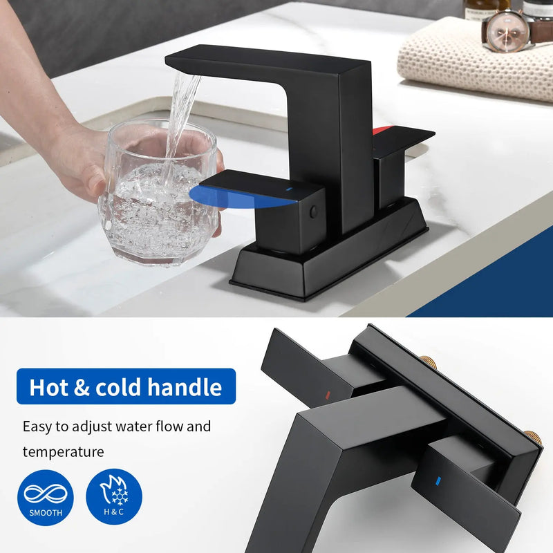 Centerset Bathroom Sink Faucet 1.2 GPM, Waterfall 4 Inch Bathroom Vanity Faucet for Basin with Pop-Up Drain and Hose centerset-waterfall-basin-faucet-4-inch-pop-up-drain 