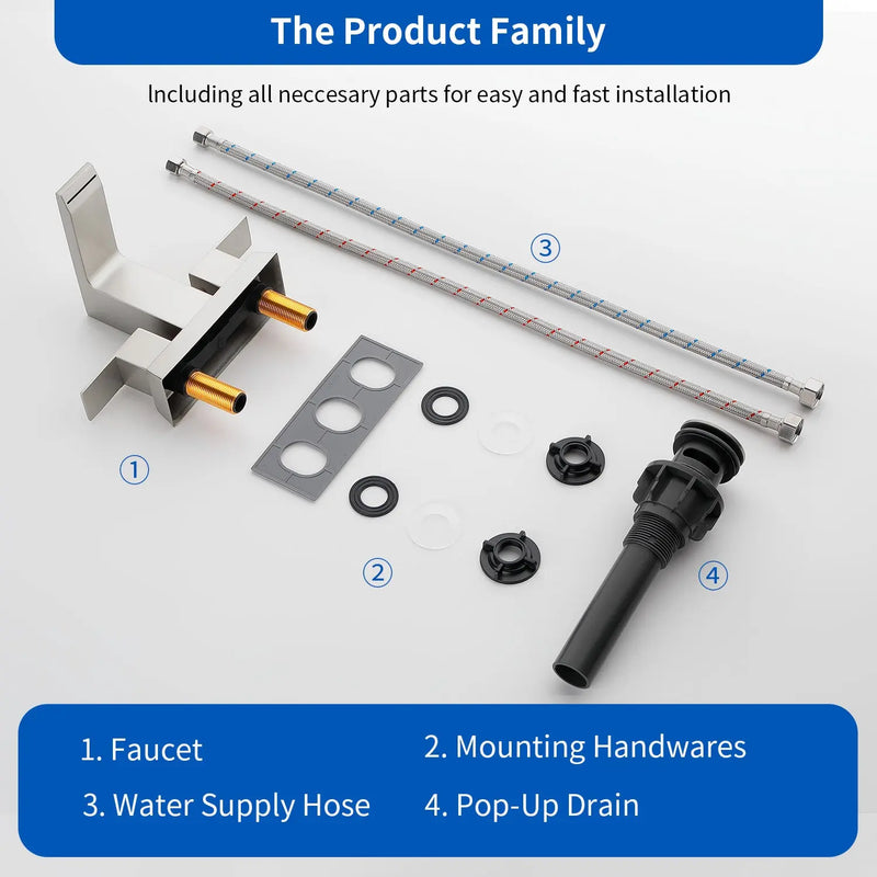 Centerset Bathroom Sink Faucet 1.2 GPM, Waterfall 4 Inch Bathroom Vanity Faucet for Basin with Pop-Up Drain and Hose centerset-waterfall-basin-faucet-4-inch-pop-up-drain 