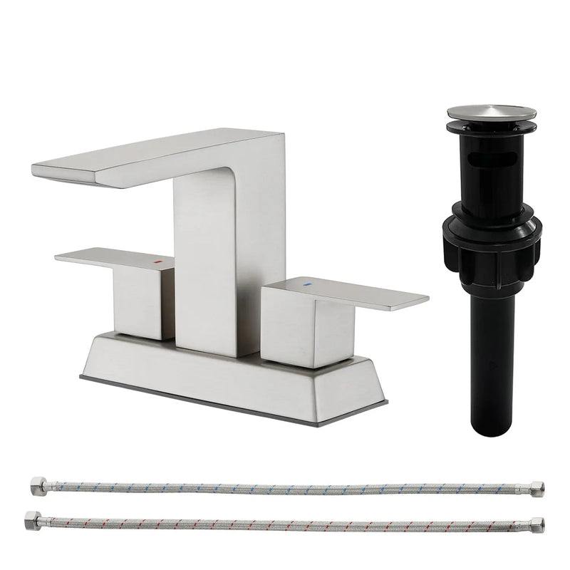 Centerset Bathroom Sink Faucet 1.2 GPM, Waterfall 4 Inch Bathroom Vanity Faucet for Basin with Pop-Up Drain and Hose centerset-waterfall-basin-faucet-4-inch-pop-up-drain 