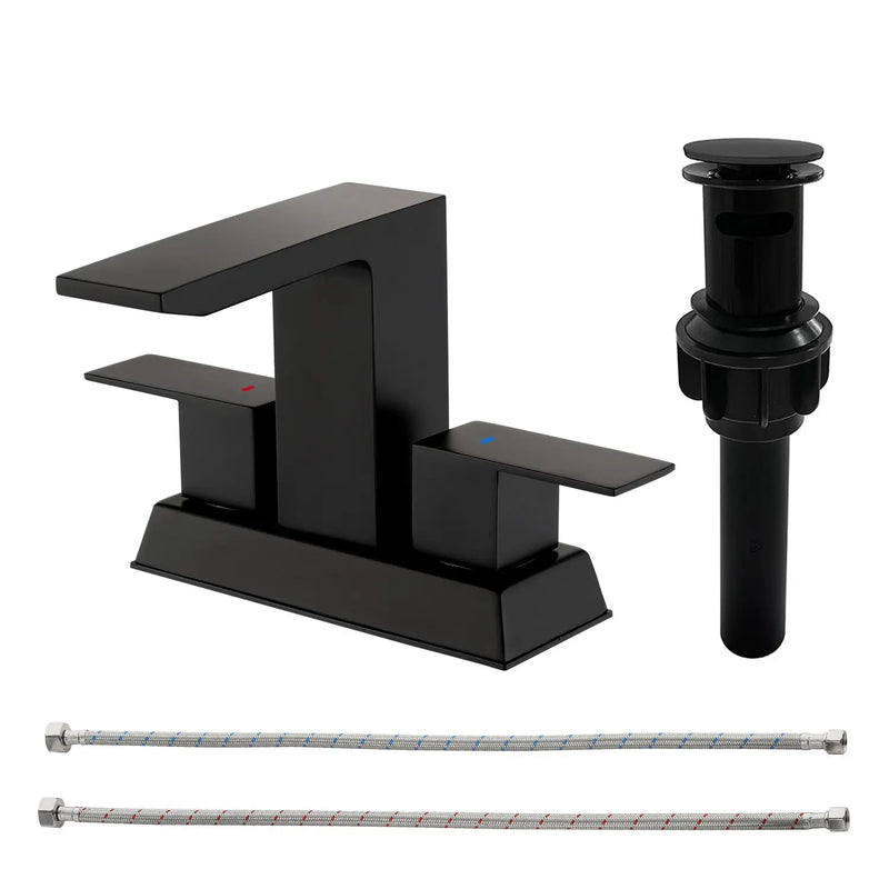 Centerset Bathroom Sink Faucet 1.2 GPM, Waterfall 4 Inch Bathroom Vanity Faucet for Basin with Pop-Up Drain and Hose centerset-waterfall-basin-faucet-4-inch-pop-up-drain 