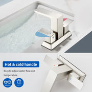 Centerset Bathroom Sink Faucet 1.2 GPM, Waterfall 4 Inch Bathroom Vanity Faucet for Basin with Pop-Up Drain and Hose centerset-waterfall-basin-faucet-4-inch-pop-up-drain 