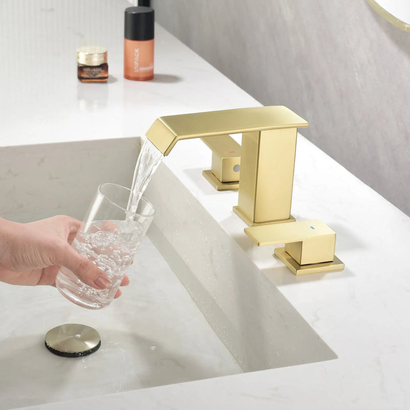 Deck-Mount Widespread Lavatory Faucet Waterfall 8-Inch 2-Handle Bathroom Faucet with Pop Up Drain - Matte Black, Brushed Nickel, Brushed Gold deck-mount-waterfall-8-inch-widespread-2-handle-bathroom-faucet-with-pop-up-drain 