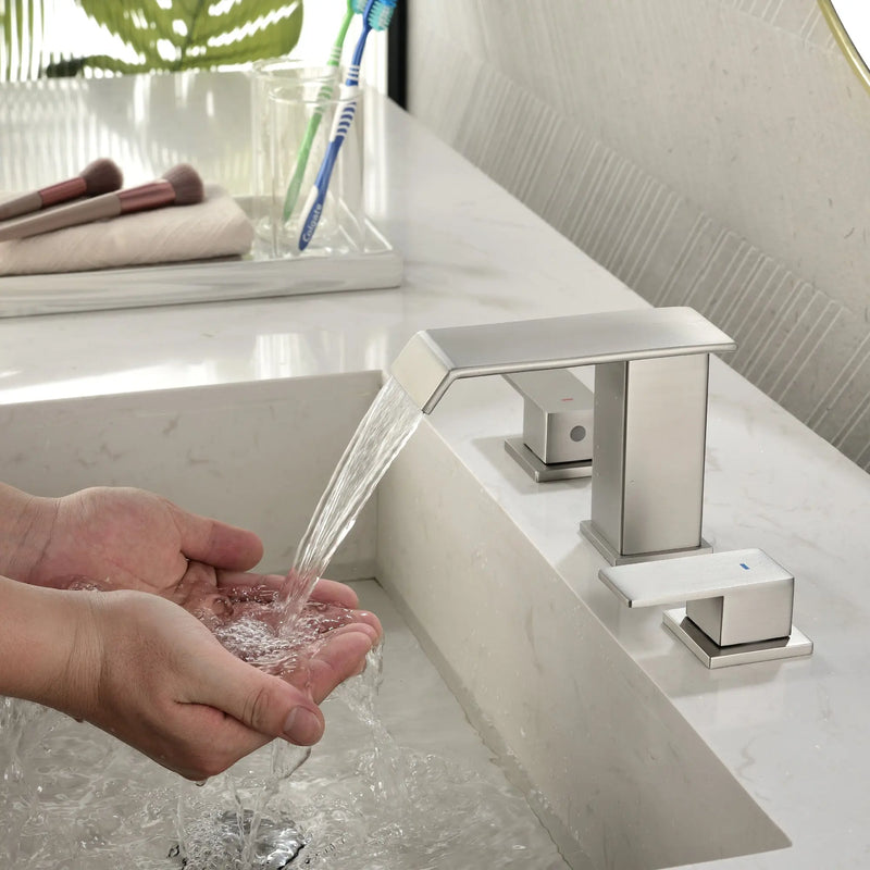 Deck-Mount Widespread Lavatory Faucet Waterfall 8-Inch 2-Handle Bathroom Faucet with Pop Up Drain - Matte Black, Brushed Nickel, Brushed Gold deck-mount-waterfall-8-inch-widespread-2-handle-bathroom-faucet-with-pop-up-drain 